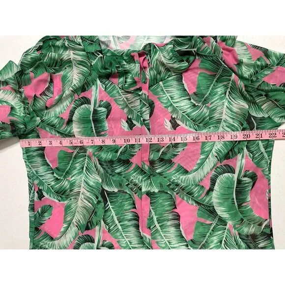 Pink Tropical W/ Green Leaves Kimono Robe Swimsuit Cover Lightweight Stretch 2XL - Picture 4 of 4